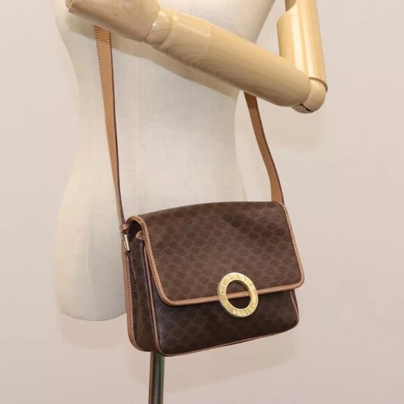CELINE Macadam Canvas Shoulder Bag PVC Leather Brown Gold Auth - Picture 1 of 16
